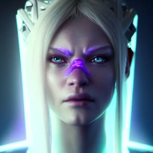 Image similar to an ultra realistic, cinematic, close up portrait, of a pale woman in sci - fi bionic crystal armor with purple ponytail, stoic, sylvanas windrunner, soft light, dreamy, facial features, detailed, deep focus, movie still, dramatic lighting, ray tracing, by michal karcz and yoshitaka