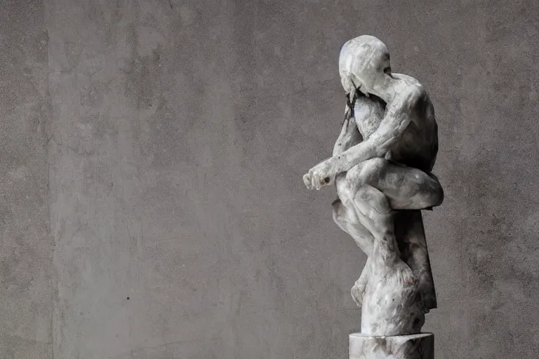 Prompt: a sculpture of a person sitting on top of a chair, a marble sculpture by nicola samori, behance, neo - expressionism, marble sculpture, apocalypse art, made of mist 1 2 3 4 5 6 7