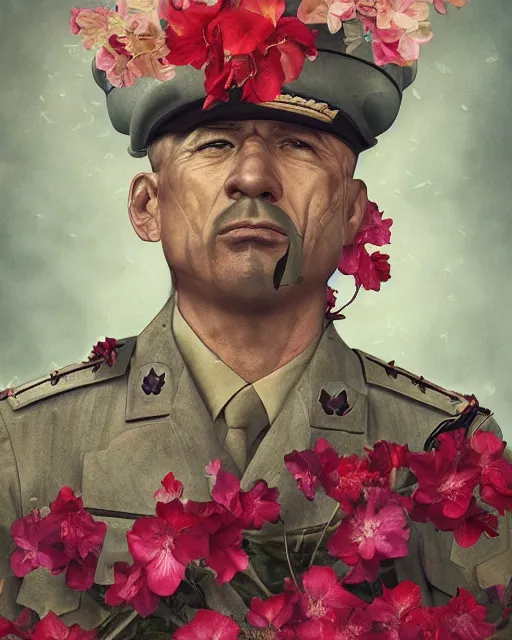 Prompt: a beautiful portrait photo of a angry military general man in uniform, looking very angry, covered by hibiscus, daffodils, hydrangea, montsera leaves by tom bagshaw and zach sutton, explosion of flowers, very detailed, artstation, 8 k