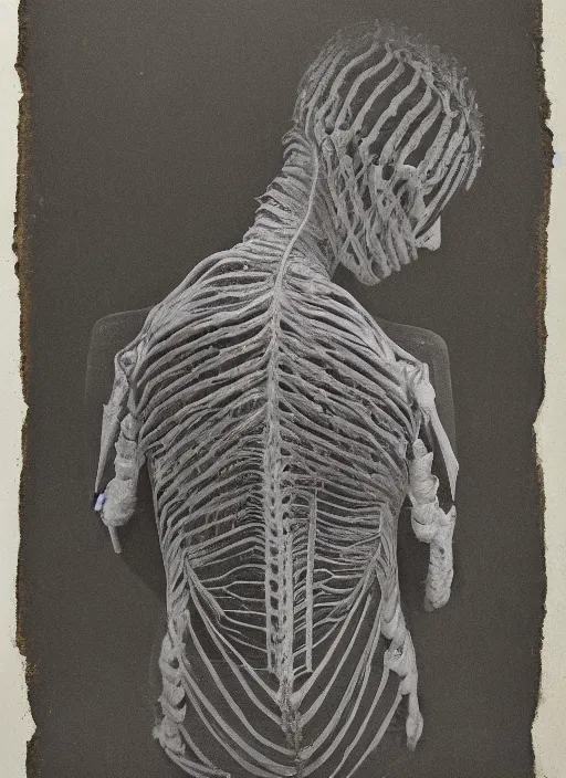 Prompt: the back of a woman’s head, made of leaf skeleton, in the style of the Dutch masters and Gregory Crewdson, dark and moody
