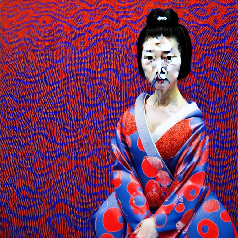 Image similar to hyperrealistic detailed image of a geisha in a art installation room, hd smooth interior by yayoi kusama, part by kei mieno, part by ross tran, dark art by james jean, ultra realistic, highly detailed, life like face, detailed body, 8 k, 3 d render by roger magrini, very cohesive, masterpiece