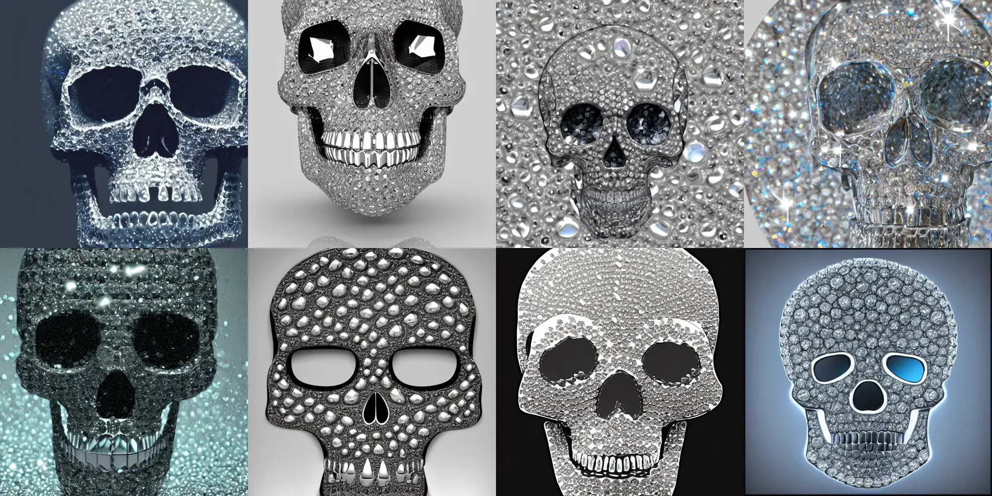 Prompt: skull made out of diamonds, transparent, high detail, hdr, light reflections, crystals, dimly lit