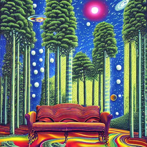Prompt: psychedelic trippy river pine forest, saturn, milky way, sofa, cartoon by rob gonsalves