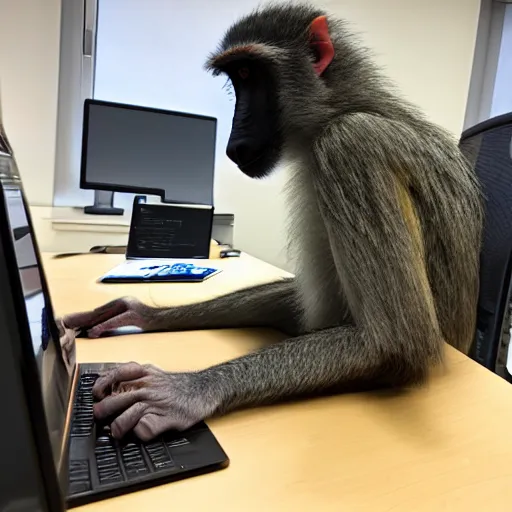 Prompt: a baboon programming, in the office