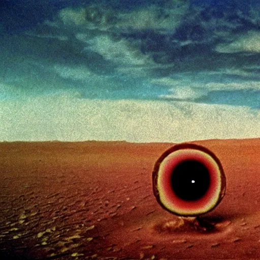 Image similar to woman with giant eyeballs in the desert 1972 Tarkovsky film, archival footage, technicolor film expired film live-action, 16mm