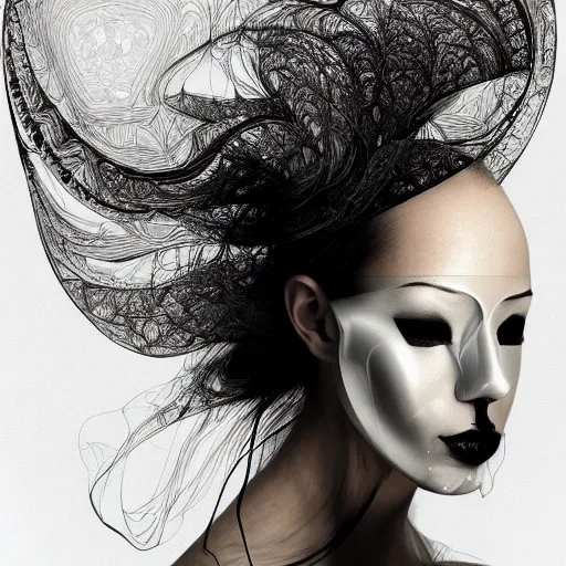 Image similar to portrait of a young beautiful woman with a mask. contemporary photograph and speed painting and fractal and mandelbulb and lines and scribble art. black and white. intricate, elegant, super highly detailed, professional digital painting, artstation, concept art, smooth, sharp focus, no blur, no dof, extreme illustration, Unreal Engine 5, Photorealism, HD quality, 8k resolution, cinema 4d, 3D, beautiful, cinematic, art by artgerm and greg rutkowski and alphonse mucha and loish and WLOP