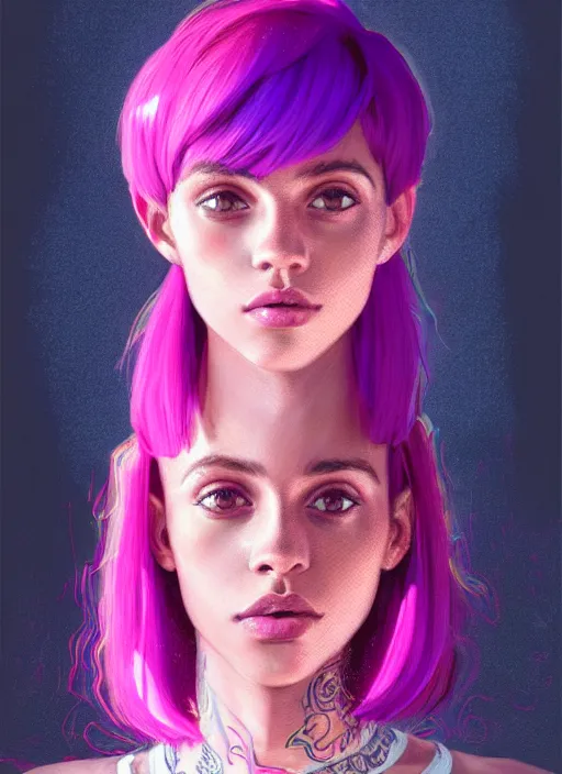 Image similar to portrait of teenage vanessa morgan with bright pink hair, curly pixie cut hair, wearing a purple breton cap, breton cap, hoop earrings, intricate, elegant, glowing lights, highly detailed, digital painting, artstation, concept art, smooth, sharp focus, illustration, art by wlop, mars ravelo and greg rutkowski