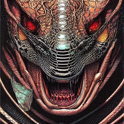 Image similar to portrait of dark reptile, symmetrical, by yoichi hatakenaka, masamune shirow, josan gonzales and dan mumford, ayami kojima, takato yamamoto, barclay shaw, karol bak, yukito kishiro