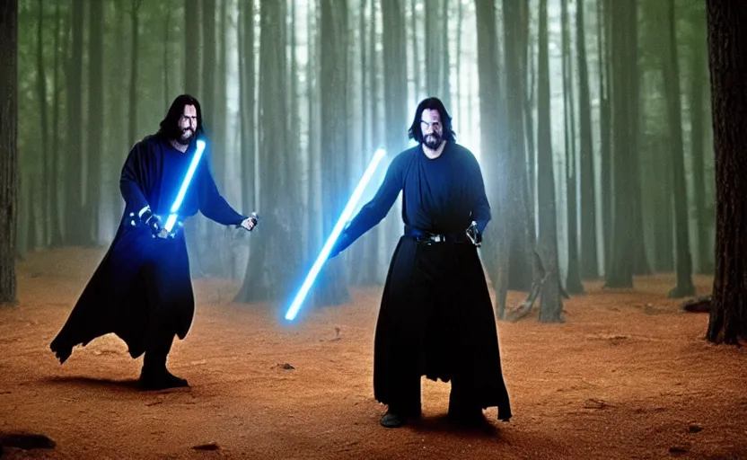 Image similar to keanu reeves as a jedi master with a blue lightsaber fighting a sith lord in an ancient bioluminescent forest, perfect symmetrical face, full moon, moody lighting, 8 k, shallow depth of field, intricate detail,