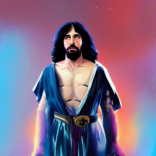 Image similar to portrait of jesus christ as paul stanley dressed with his kiss costume, mattepainting concept blizzard pixar maya engine on stylized background splash comics global illumination lighting artstation lois van baarle, ilya kuvshinov, rossdraws