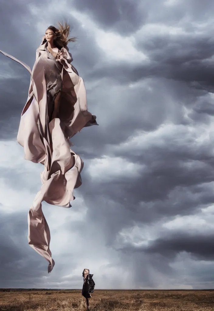 Image similar to fashion editorial in front of a tornado cloud.