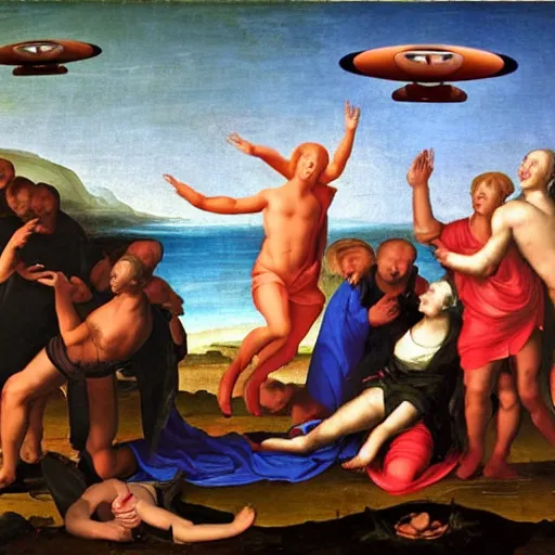 Image similar to ufo landing, renaissance painting