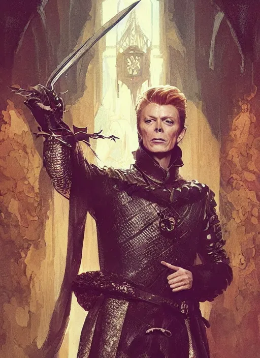 Image similar to david bowie as medieval prince, intricate, elegant, highly detailed, digital painting, artstation, concept art, smooth, sharp focus, illustration, game of thrones, art by greg rutkowski and alphonse mucha and aleksi briclot