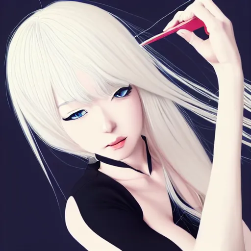 Image similar to Ann Takamaki, platinum blonde hair, anime, elegant, 2d, ultra highly detailed, digital painting, smooth, sharp focus, artstation, pixiv, art by Ina Wong, art by Ilya Kuvshinov