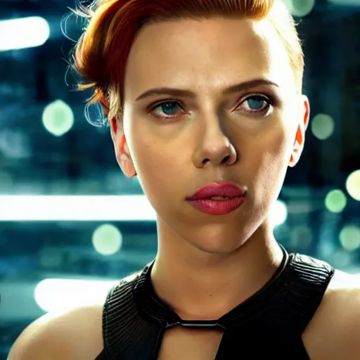 Prompt: a photographic still of scarlett johansson looking into the distance, beautiful light failling on her face, futuristic a - line bob with bangs hairstyle black hairs, medium shot, ghost in the shell, by annie leibowitz