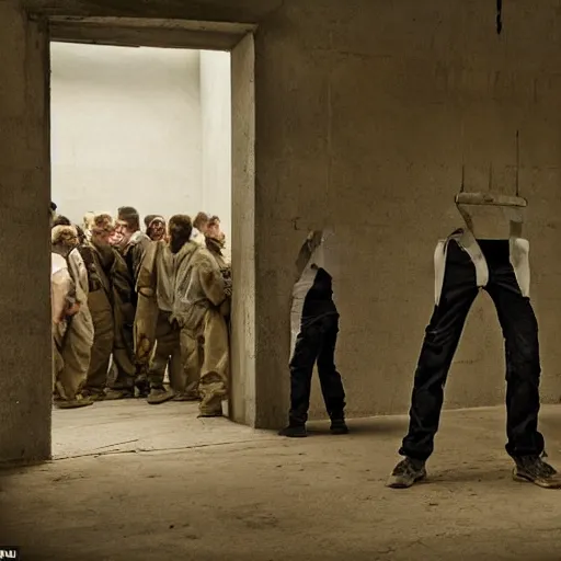 Image similar to prisoners hooked up to guillotines arranged as a spectator sport event, realistic photography, high detailed