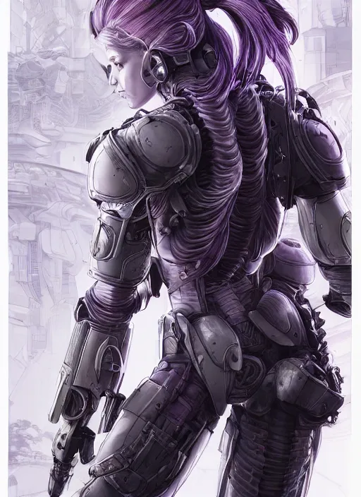 Image similar to close up portrait of a pale woman in sci - fi power armor with purple ponytail hair, powerful, domineering, stoic, intense, ultrafine hyperdetailed illustration by kim jung gi, irakli nadar, intricate linework, sharp focus, octopath traveler, yoji shinkawa, highly rendered, radiant light, detailed, intricate environment