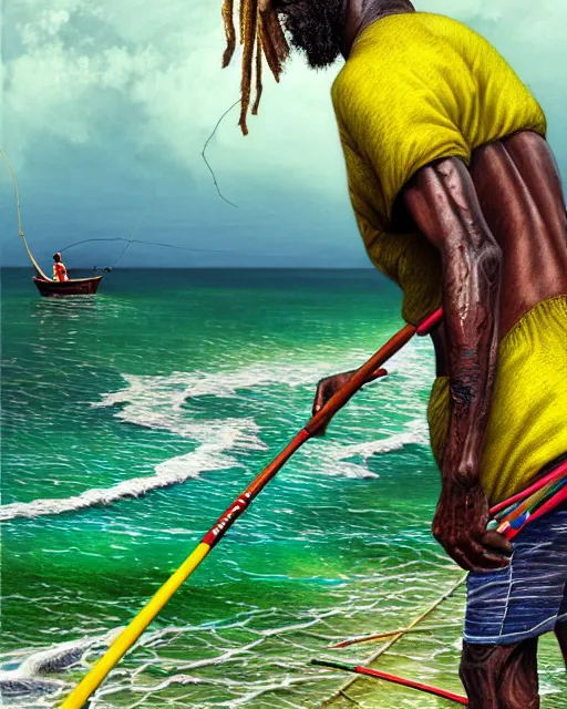 Image similar to Fisherman, Jamaican Male Fisherman, casting fishing rod into the sea, Illustration, Third-Person View, Depth of Field, Colorful with Yellow Green Black Red, calico cloth, insanely detailed and intricate, hypermaximalist, jamaican vibe, hyper realistic, super detailed, by Charlie Bowater, by Karol Bak