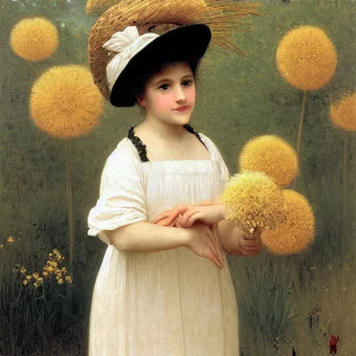 Image similar to A portrait of a fox wearing a white dress and a hat covered in dandelions, beautiful soft painting by William-Adolphe Bouguereau and Robert Cleminson