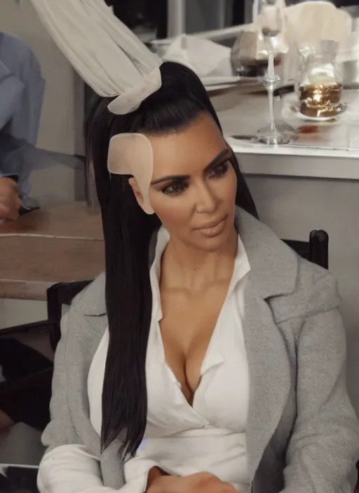 Image similar to a film still of kim kardashian tied to a chair, mouth taped, hands cuffed, outfit : jeans and white vest