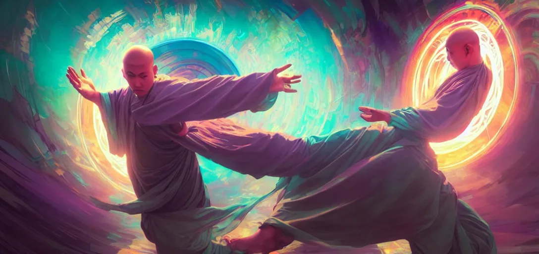 Image similar to a floating monk praying, channeling swirling energy, wearing netrunner clothing, vaporwave aesthetic, colorful, psychedelic, digital painting, artstation, concept art, smooth, sharp focus, illustration, art by artgerm and greg rutkowski and alphonse mucha