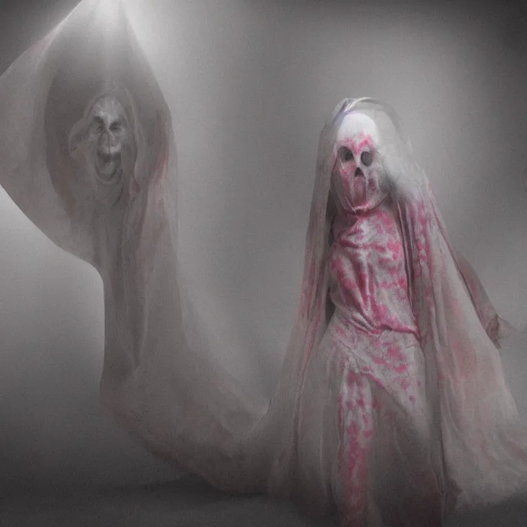 Image similar to octane render portrait by wayne barlow and carlo crivelli and glenn fabry, a woman wearing a skintight tie - dye bedsheet ghost costume, backlit, inside a futuristic beautiful mansion, dramatic lighting, fog and mist, cinema 4 d, ray traced lighting, very short depth of field, bokeh