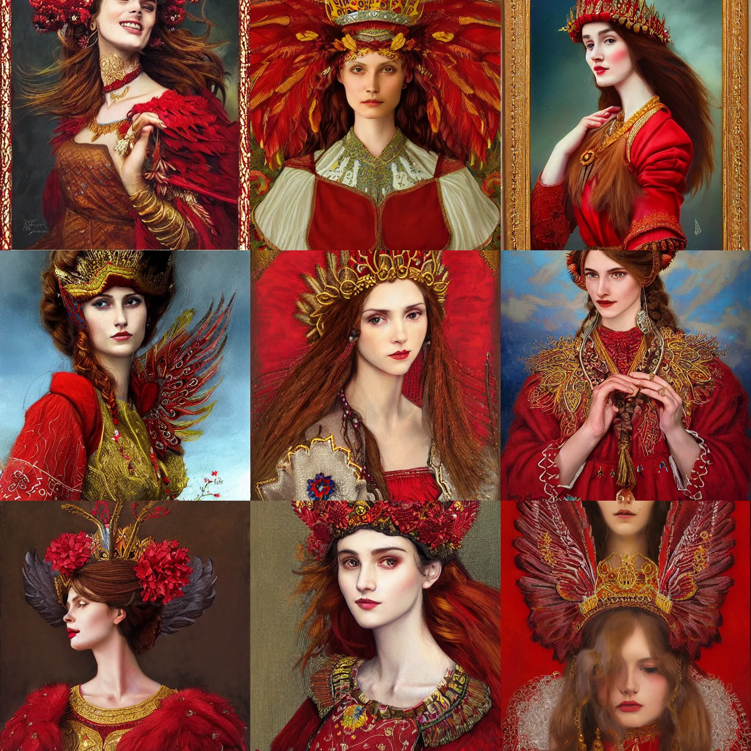 Prompt: the brown - haired lady with red wings, in red embroidery short ukrainian national costume, filigree crown with textile embroidery flowers, ukrainian heroine with red crow, pre - raphaelite beautiful, playful smile, detailed portrait, intricate complexity, acril painting the style of charlie bowater, tom bagshaw, alexis franklin, elena masci, pawel rebisz
