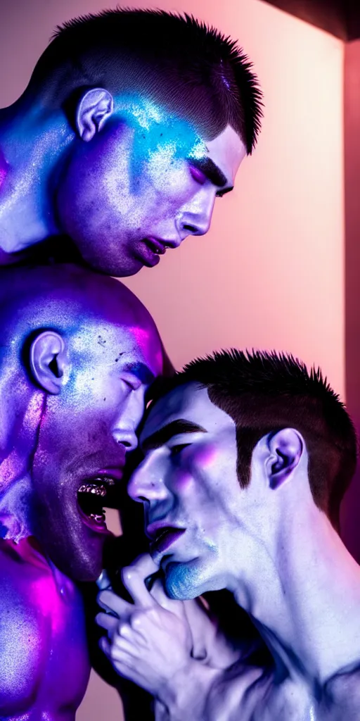 Image similar to hyperrealistic close-up of cyborg albino man kissing another man with purple hair and pearlescent blue skin james paick machiej kuciara very dramatic neon lighting on one side wide angle 35mm shallow depth of field