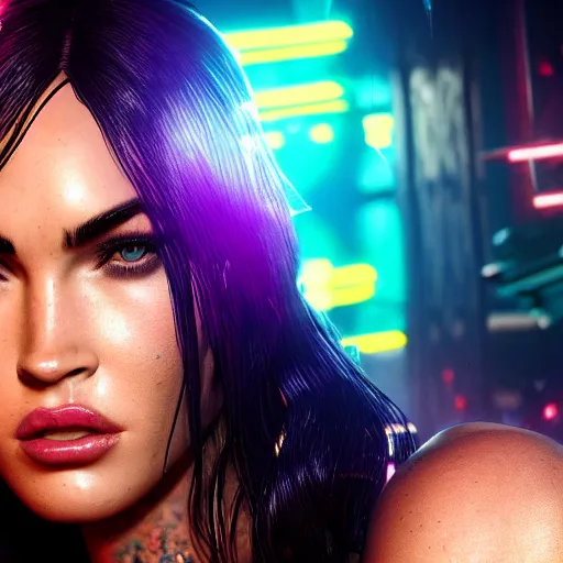 Image similar to Megan Fox portrait, Cyberpunk 2077, ultra photorealistic, cybernetic body parts, neon, octane, bokeh, 8k