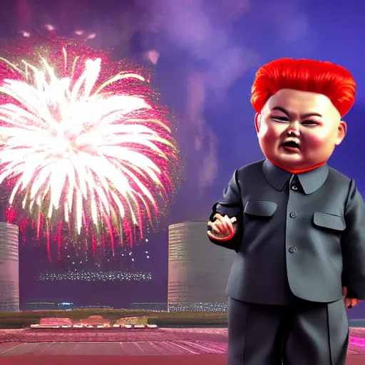 Image similar to kim jong un doll watching screaming chucky doll fireworks octane render