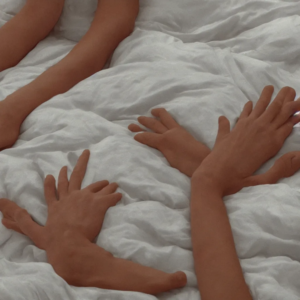 Image similar to close - up on the air - conditioning with water running on the white sheets of a girl's bed, hand of a teenager girl, ablurred, depth of field, unframed, by neo rauch, 8 k hyper realistic detailed cinematic still