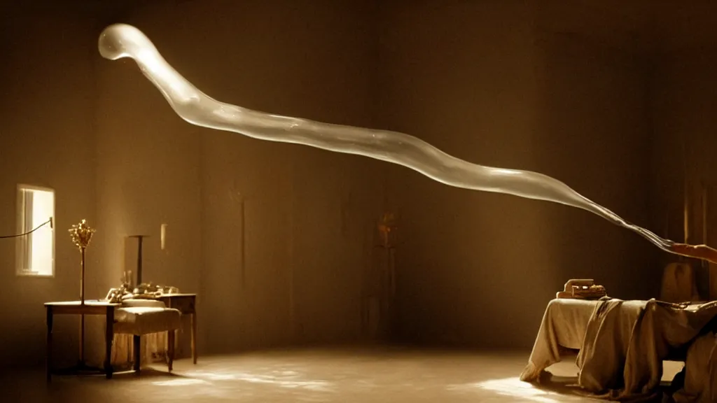 Image similar to a giant hand made of wax and water floats through the living room, film still from the movie directed by Denis Villeneuve with art direction by Salvador Dalí, wide lens