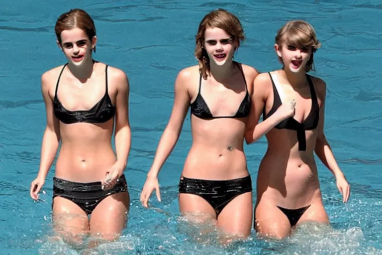 Image similar to emma watson and taylor swift and selena gomez swim together. perfect faces.