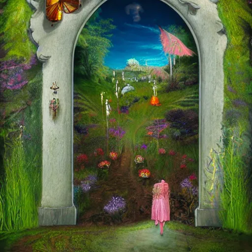 Prompt: A magical Doorway to the land of the pixies , surrealism,