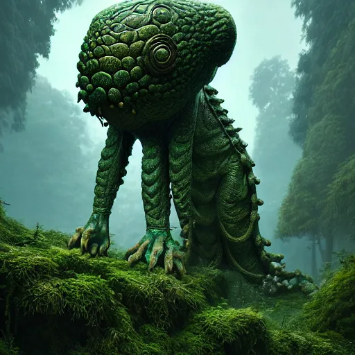 Image similar to a giant creature in a lush trunda vegetation, snow snow : : by michal karcz, daniel merriam, victo ngai and guillermo del toro : : ornate, dynamic, particulate, intricate, elegant, highly detailed, centered, artstation, smooth, sharp focus, octane render, 3 d