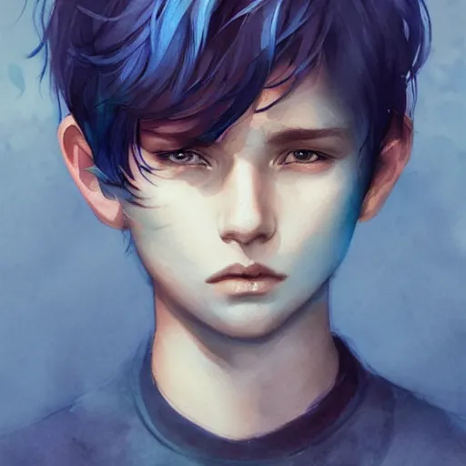 Prompt: teen boy, childish, blue hair, short hair, serious, intricate, ethereal, highly detailed, sharp focus, artstation, watercolor, by charlie bowater and ross tran