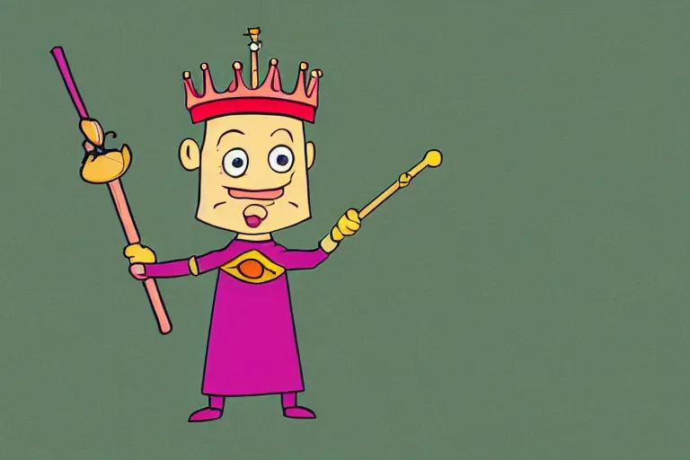 Image similar to legume bean holding a staff, wearing crown, cartoon character,