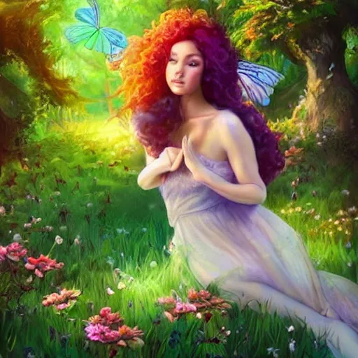 Image similar to a fairy in a beautiful garden at midday, with dappled light streaming through trees, eating onions, digital painting, masterpiece in the style of artgerm and Greg rutowski, amazing colors