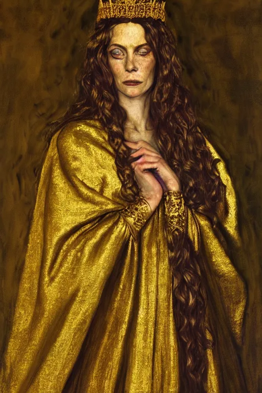 Image similar to Portrait of historically accurate, ancient biblical, sultry, sneering, evil, pagan, wicked, queen jezebel, wearing gilded robes, long hair, intricate, elegant, highly detailed, masterpiece, illustration, art by Andrew Wyeth, highly detailed, trending on artstation, award winning