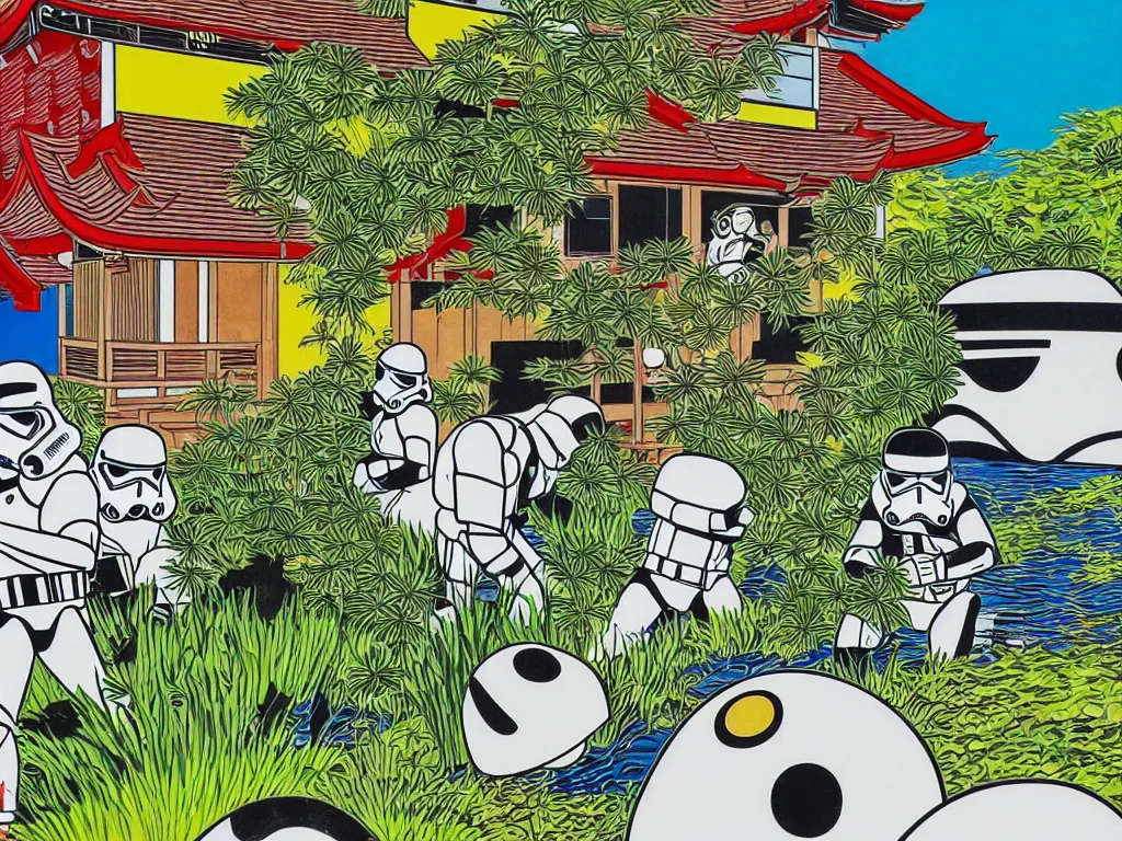 Image similar to detailed close - up image of the japanese home with a garden and a pond, 2 stormtroopers sitting around it, pop - art style, jacky tsai style, andy warhol style, roy lichtenstein style, rich palette, acrylic on canvas