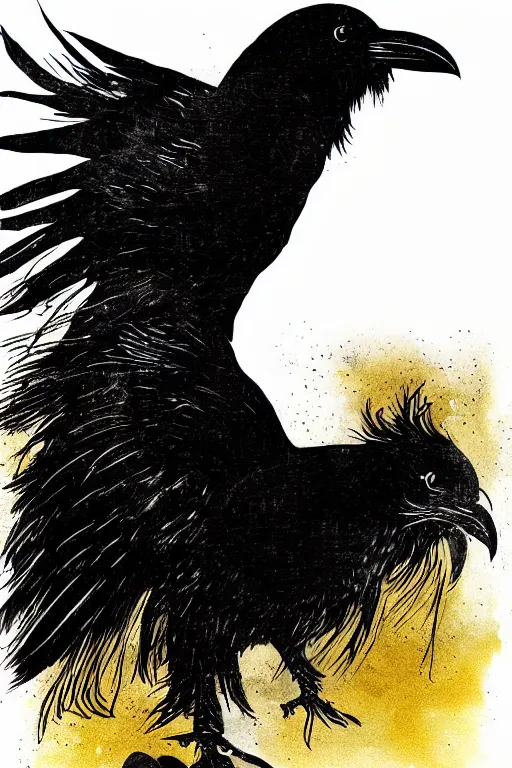 Image similar to beautiful serene smart raven, healing through motion, minimalistic golden ink airbrush painting on white background, studio ghibli