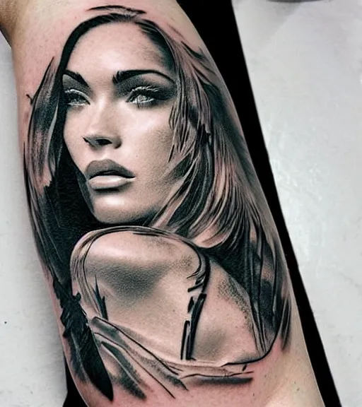 Image similar to double exposure tattoo design sketch of megan fox with beautiful mountain scenery, realism tattoo, in the style of den yakovelev, amazing detail, sharp