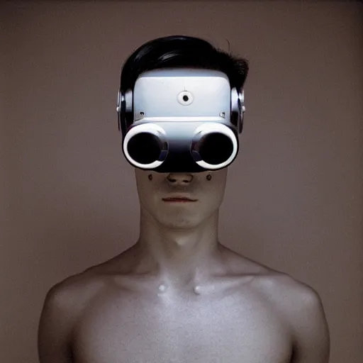 Image similar to art photography Invisible man wearing futuristic VR headset. By Guy Bourdin ,on 16K, Pentax 67, Kodak Portra 400 in style of Hiromasa Ogura Ghost in the Shell, the golden ratio, infrared ambient light