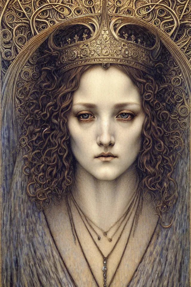 Image similar to detailed realistic beautiful young medieval queen face portrait by jean delville, gustave dore and marco mazzoni, art nouveau, symbolist, visionary, gothic, pre - raphaelite. horizontal symmetry