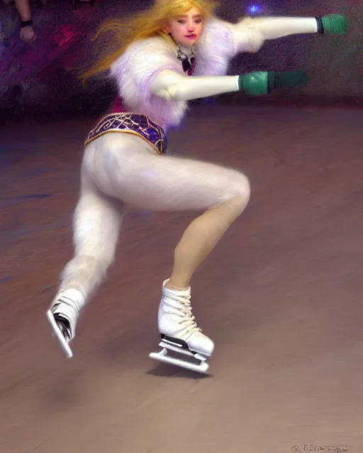 Prompt: white female anthro wolf skating at a roller derby, 4 k, furaffinity, trending on artstation, energetic, speed, motion blur, by gaston bussiere, craig mullins, j. c. leyendecker, gustav klimt, artgerm, greg rutkowski, alphonse mucha