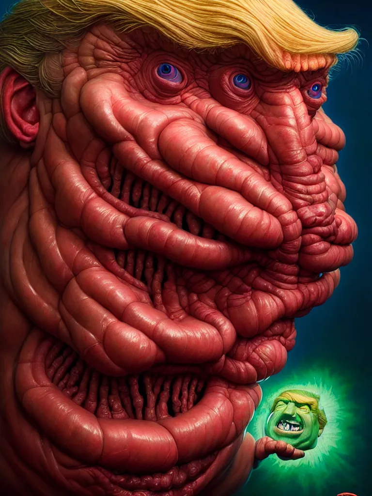 Image similar to hyperrealistic rendering, fat smooth cronenberg flesh monster trump by donato giancola and greg rutkowski and wayne barlow and zdzisław beksinski, eyeballs, product photography, action figure, sofubi, studio lighting, colored gels, colored background