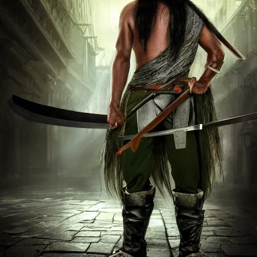 Prompt: a photo of a man with dark green skin and long silver hair, his eyes are powerfully glowing red, he is in commoners clothes standing on a cobblestone platform, he has a shortbow strapped to his back and he is holding a short sword in one hand, trending on artstation, digital artwork, cinematic lighting, 4K, very full detail, amazing artwork, trending on Behance award-winning art