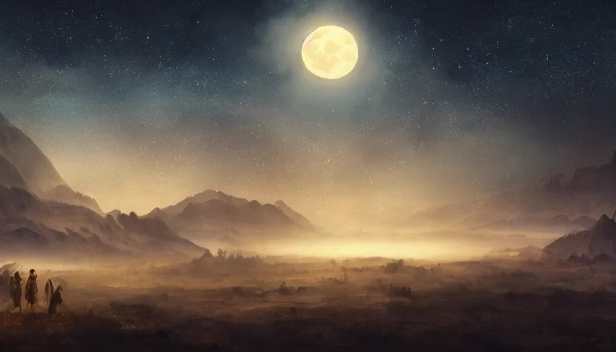 Image similar to a beautiful landscape at night, big moon on the right, stars in the sky, matte painting, dark blue tones, high contrast, intricate details, concept art, 4 k