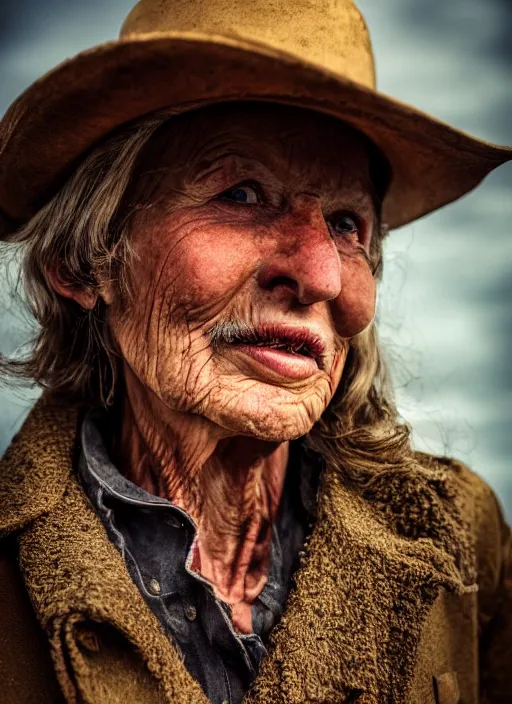 Image similar to closeup portrait of desperate dan (cowboy), old lady, zeiss lens, detailed, symmetrical, centered, fashion photoshoot, by Annie Leibovitz and Steve McCurry, David Lazar, Jimmy Nelsson, Breathtaking, 8k resolution, extremely detailed, beautiful, establishing shot, artistic, hyperrealistic, beautiful face, octane render