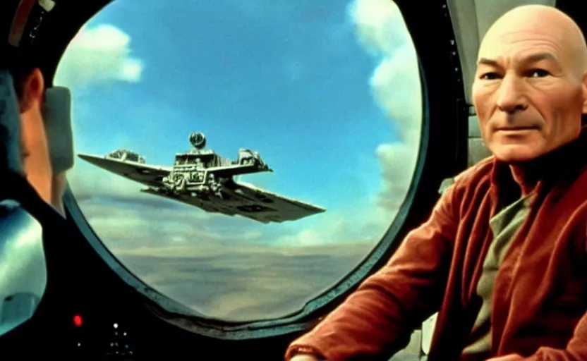 Prompt: screenshot of Patrick Stewart flying the millennium falcon with Frodo in the cockpit, iconic scene from the 1980s Star Wars film directed by George Lucas, color kodak stock, ektochrome, anamorphic lenses, detailed faces, crisp, sharp, beautiful cinematography